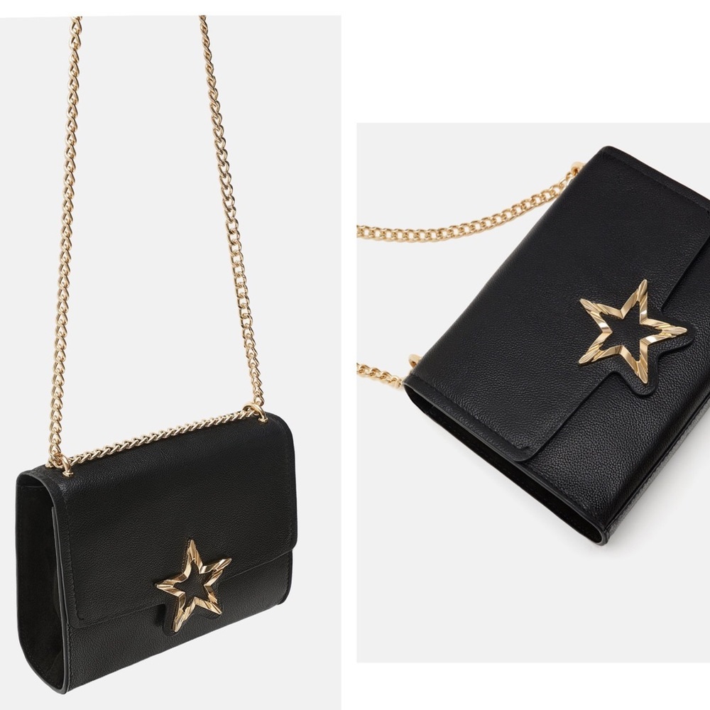 ZARA RARE BLACK LEATHER CROSSBODY BAG WITH GOLD STAR DETAIL BRAND NEW WITH TAGS
